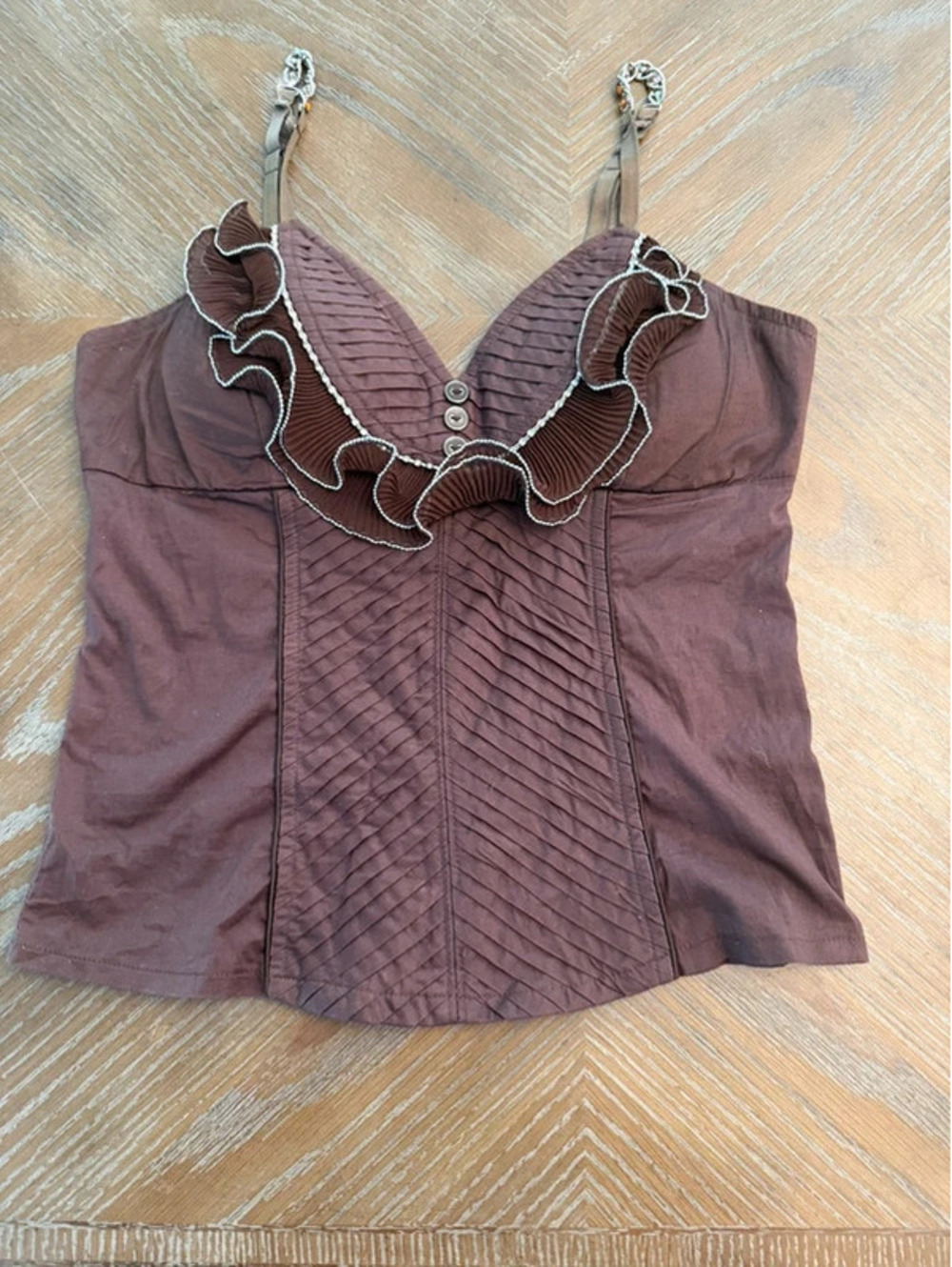 Olevole Brown Ruffled Rhinestone Corset Cami Top - Picture 6 of 8